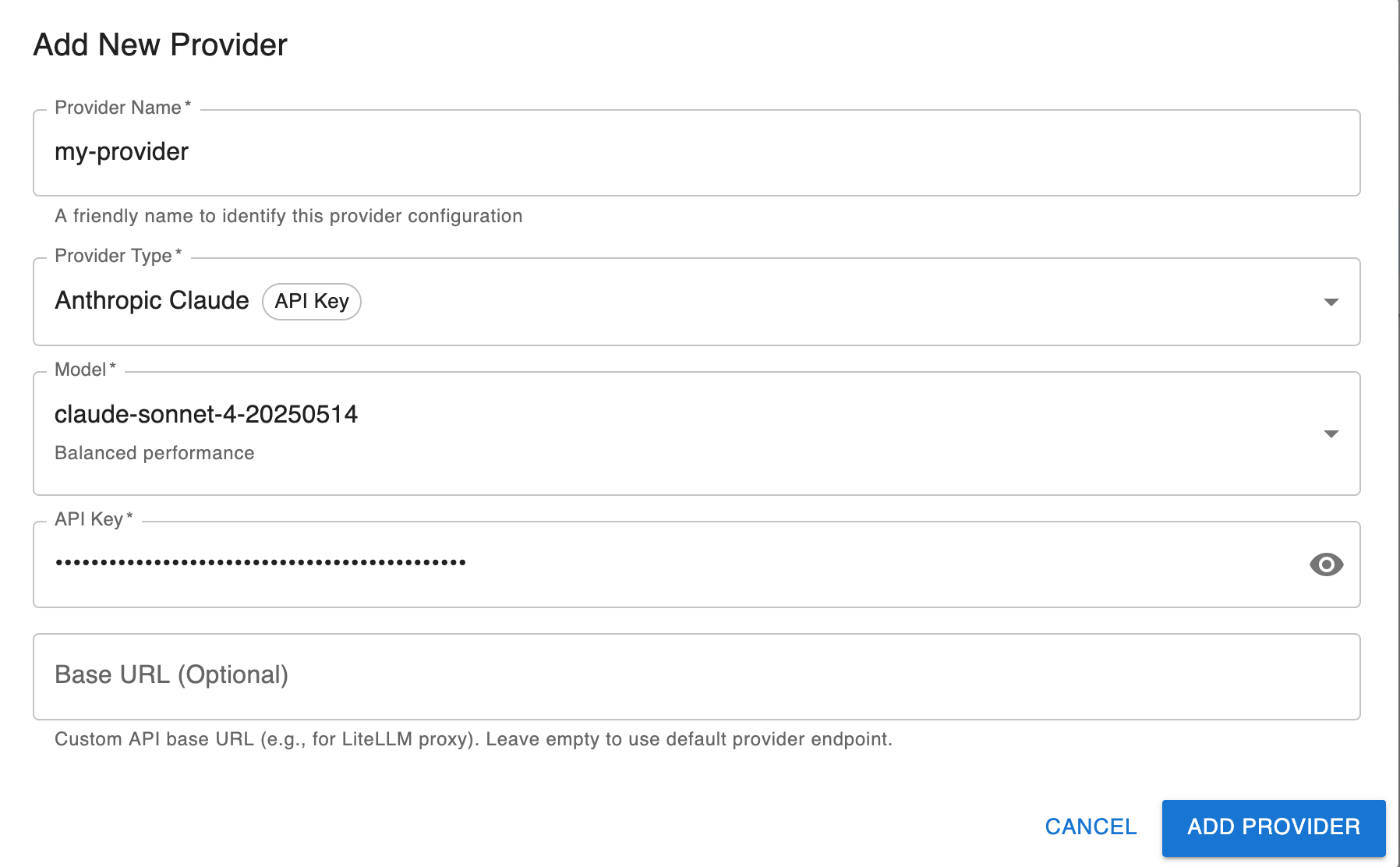 screenshot showing the dialog to add a new provider